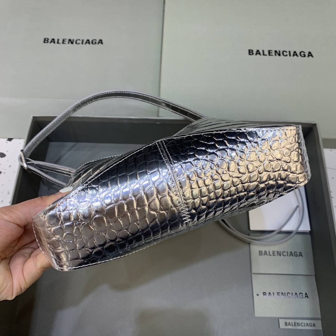 Balenciaga XX Small Hobo Flap Bag Crocodile Embossed Silver